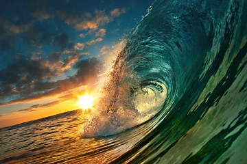 Wall Mural - ocean sunset wave, clear water in tropical sea colorful background