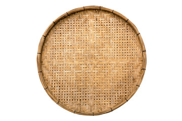 Canvas Print - Old weave bamboo wood tray isolated on white background. Bamboo basket handmade isolated