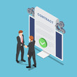© Jiw Ingka - Isometric businessmen shaking hand with online agreement contract document on pc monitor
