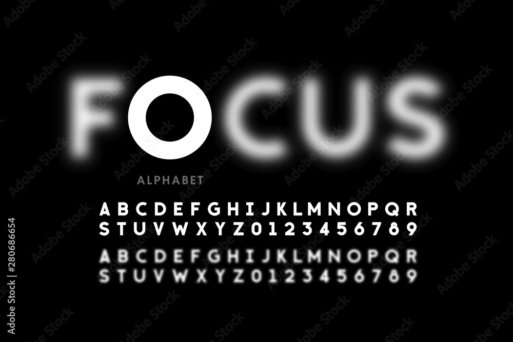 In focus style font design, alphabet letters and numbers - obrazy, fototapety, plakaty 