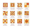 Quilt sewing pattern. Log cabin, pinwheel tiles. Quilting & patchwork blocks from fabric squares, triangles. Vector flat colorful icon set. Isolated objects