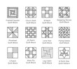 Quilt sewing pattern. Log cabin, pinwheel tiles. Quilting & patchwork blocks from fabric squares, triangles. Vector line icon set. Isolated objects