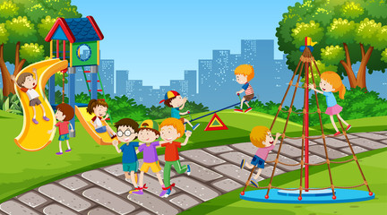 Poster - active boys and girls playing sport and fun activities outside