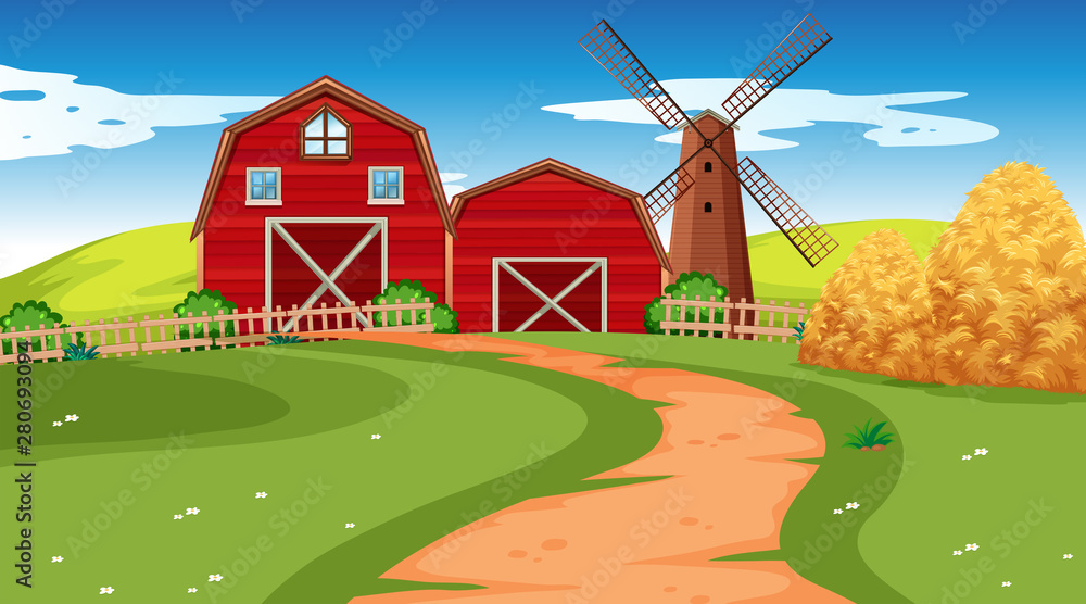 Farm scene in nature with barn Stock Vector | Adobe Stock