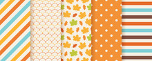Autumn Pattern. Vector. Seamless Print With Fall Leaves, Polka Dot, Stripes And Fish Scale. Seasonal Geometric Textures. Colorful Cartoon Illustration. Cute Abstract Backgrounds. Orange Wallpaper.