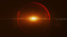The Black Background Has A Small Red Dust Particle That Shines In A Circular Motion, Explosion Light Ray Beam.