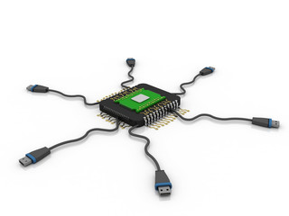 3d rendering microchips connected USB port