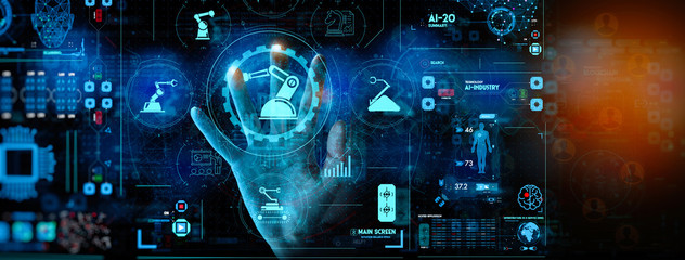 Leinwandbilder - Engineer hand check and control welding robotics automatic arms icon with machine in intelligent factory automotive industrial with UI monitoring system software.