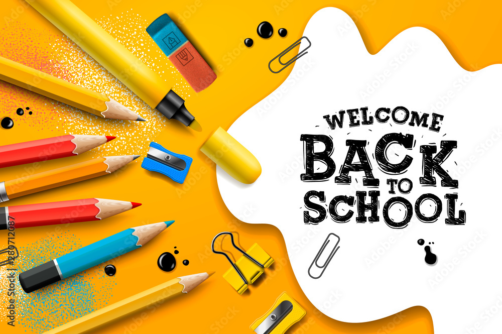 Welcome Back to School, poster and banner with colorful pencils and elements for retail marketing promotion and education related. Vector illustration. - obrazy, fototapety, plakaty 