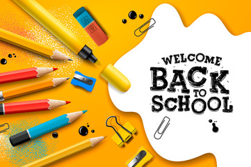 Sticker - Welcome Back to School, poster and banner with colorful pencils and elements for retail marketing promotion and education related. Vector illustration.