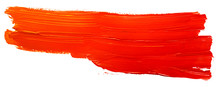 Red Orange Acrylic Stain Element On White Background. With Brush And Paint Texture Hand-drawn. Acrylic Brush Strokes Abstract Fluid Liquid Ink Pattern