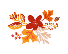 Vector Autumn Bouquet Elements. Maple Orange Leaves, Berries Flat Lay Composition Isolated On White Background. Perfect For Seasonal Holidays, Thanksgiving Day