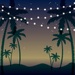 © KY - Palm tree silhouette and hanging garland light illustration