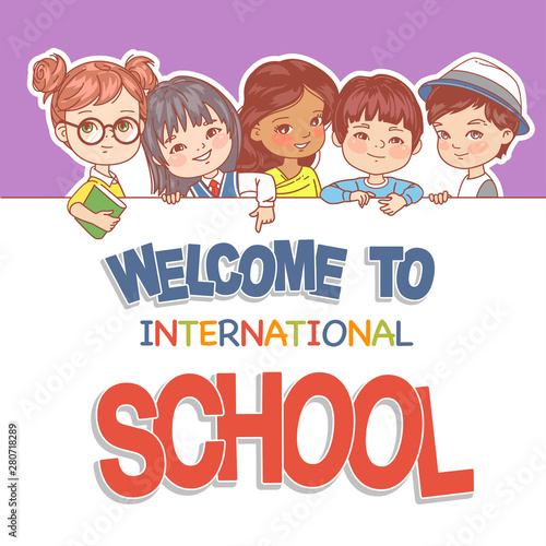 Children Hold Banner Multinational Kids Smiling Holding Books