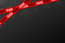 Template For Black Friday Sale On Black Background. Crossed Red Ribbons With Text. Snowflakes Background. Super Seasonal Sale. Festive Graphic Elements. Vector Illustration