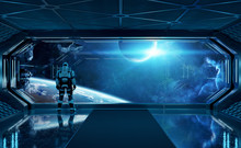 Astronaut In Futuristic Spaceship Watching Space Through A Large Window 3d Rendering Elements Of This Image Furnished By NASA