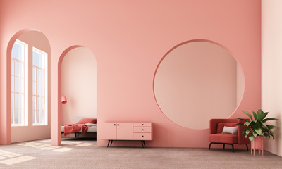 Abstract interior design.living area and bedroom with architectural elements in pink tone, circular arc, round opening and concrete floor.3d rendering