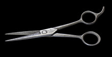 Old Steel Hairdressing Scissors Isolated On Black Background.Used By The German Army In The Second World War