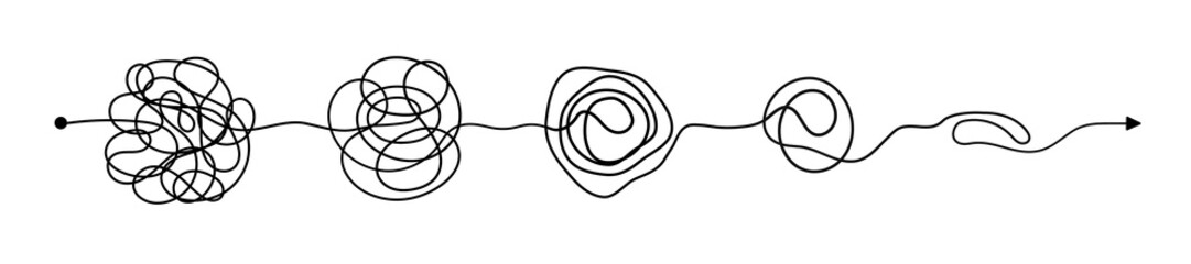 Set of messy clew symbols connected between them line of symbols with scribbled round element, consept of transition from complicated to simple, isolated on white background Vector illustration.