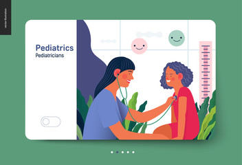 Pediatrics - medical insurance -modern flat vector concept digital illustration - female pediatrician carrying out the auscultation of a little girl with a stethoscope, medical office or laboratory