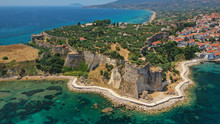 Aerial Drone Photo Of Iconic Medieval Castle And Small Picturesque Village Of Koroni, Messinia, Peloponnese, Greece