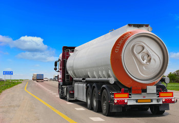 Wall Mural - Tanker with chrome tanker on the highway.