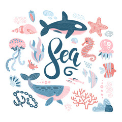 Set of Sea animals composition . Vector cartoon underwater creatures collection: jellyfish, starfish, ocean, sea horse, shell, fish, whale. Set of silhouettes in the minimal hand drawn child style