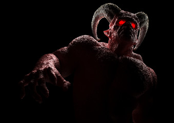 Powerful demon, devil, imp, monster with twisted horns, luminous eyes, muscle hillocks and scary skin. 3d render