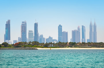 Poster - UAE, United Arab Emirates. Dubai and the Persian gulf at sunset. Under the water life illustration