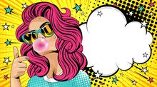 You. Gesture Of The Female Hand. Sunglasses,  Where The Word `you` Is Reflected. Sexy Surprised Girl With Red And Curly Hair. Open Mouth With Pink Chewing Gum. Vector Colorful Background Illustration 