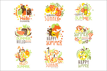  Happy Summer Vacation Sunny Colorful Graphic Design Template Logo Series, Hand Drawn Vector Stencils