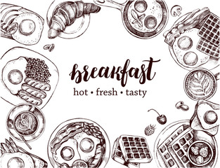 Wall Mural - Ink hand drawn background with breakfast dishes - fried eggs, sausages, bacon, coffee. Food elements collection with brush calligraphy style lettering. Vector illustration. Menu or signboard template.