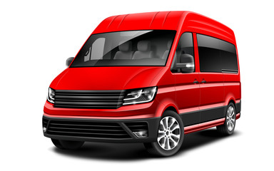 Red Generic Van Car On White Background. Minivan Family Automobile Or Cargo Van. Perspective View. Illustration With Isolated Path.