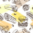 Decorative seamless pattern with Ink hand drawn burgers, pizza, shawarma. Food elements texture for your design. Vector illustration.