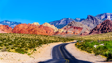 View of the Red Sandstone Mountains from the winding Calico Canyon Road near Red Rock Canyon National Conservation Area near Las Vegas, Nevada, USA