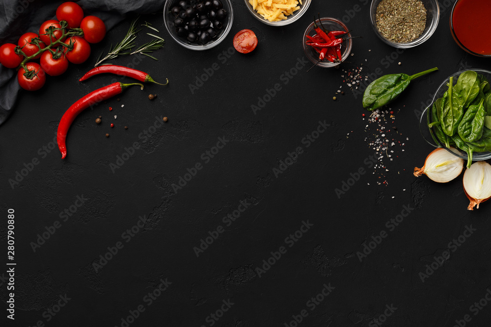 Pizza cooking ingredients and empty space for recipe - obrazy, fototapety, plakaty 