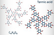 Tannic acid, tannin molecule. It type of polyphenol. Structural chemical formula and molecule model