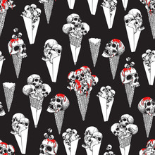 Seamless Vector Pattern Of Ice Cream In A Waffle Cone With Red Jam, Ice Cream From Human Skulls. Creepy Cartoon Illustration For Theme Parties, Prints For T-shirts, Halloween. Black And White Colors..