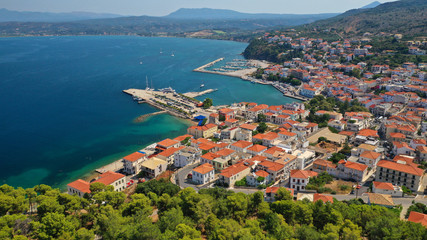 Wall Mural - Aerial drone photo of iconic medieval castle and village of Pylos or Pilos in the heart of Messinia prefecture, Peloponnese, Greece