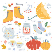 Autumn Vibes, Collection Of Hand Drawn Vector Illustrations In Scandinavian Style. Boots, Tea Pot, Umbrella, Pumpkin, Leaves And Other Symbols Of Autumn. Cozy Fall Hygge Ideas For October.