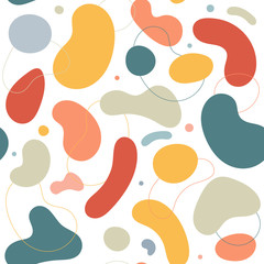 Seamless pattern made of fluid liquid shape in autumn color pallete. Repeat background in minimalistic design. Marsala, mustard yellow and teal graphic elements on background