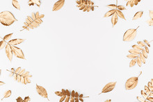 Autumn Composition. Frame Made Of Autumn Golden Leaves On White Background. Flat Lay, Top View, Copy Space