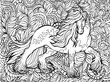 Unicorn and flowers. Magical animal. Vector artwork. Black and white, monochrome. Coloring book pages for adults and kids.
