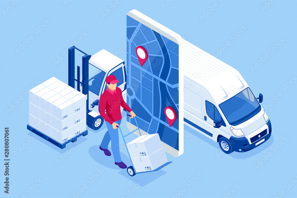 Isometric online Express, Free, Fast Delivery, Shipping concept. Checking delivery service app on a mobile phone. Delivery-truck with cardboard box, mobile phone background. - obrazy, fototapety, plakaty 