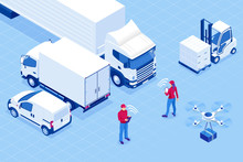 Isometric Online Express, Free, Fast Delivery, Shipping Concept. Checking Delivery Service App On A Mobile Phone. Delivery-truck With Cardboard Box, Mobile Phone Background.