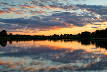 Sunset Over Lake In Ada Hayden Heritage Park, Ames, Iowa, USA.
