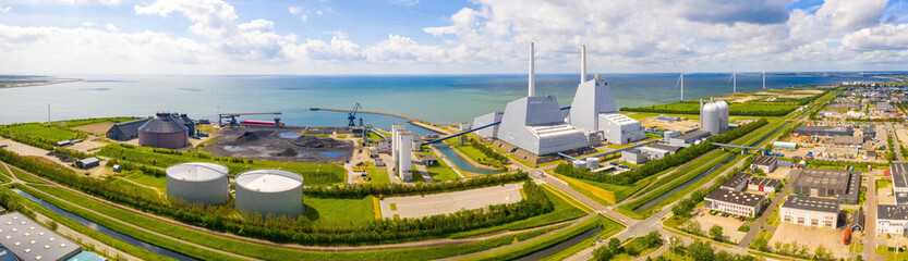 Aerial view of the Power station. One of the most beautiful and stylish power plants in the world. Eco green energy.  