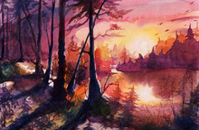 Watercolor Forest Landscape Painting, Beautiful Abstract Drawing Art With Sunset, Sunrise, Autumn, Hand Drawn Fantasy Art With Nature, Beautiful Background By Watercolor And Colored Pencils