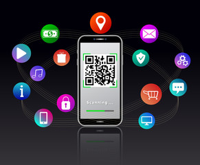 Scanning QR code using smartphone isolated on black glossy table. Abstract background with colorful mobile app icons like shopping cart, padlock, gears, email, location pin, gift