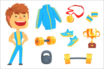 Sticker - Bodybuilder, muscular man set for label design. Sports equipment for bodybuilding. Colorful cartoon detailed Illustrations